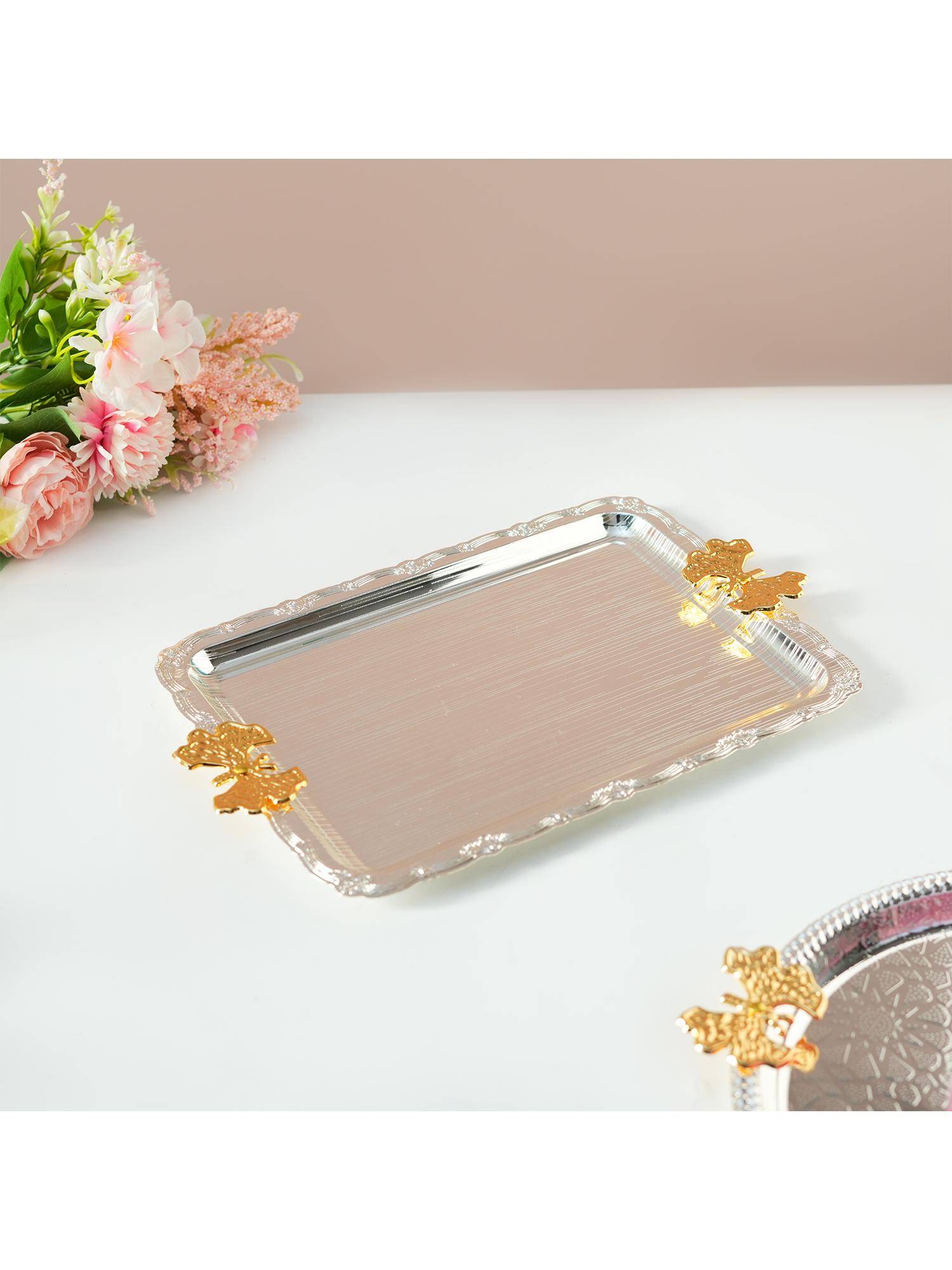Voncasa Rectangular Iron Decorative Tray with Silver and Gold Handles