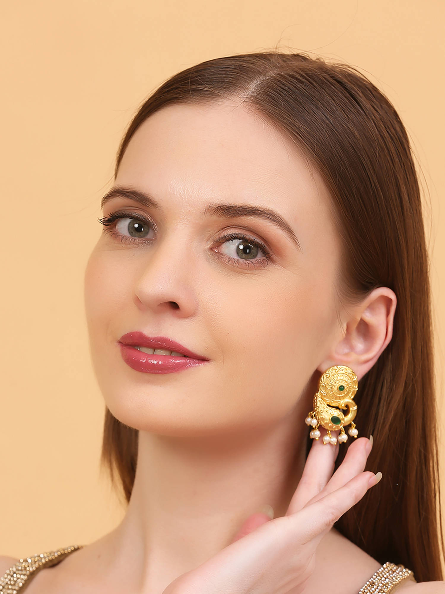Auraa Trends Gold-Plated Peacock Design Stud With Green Stone & Pearl Drops For Women