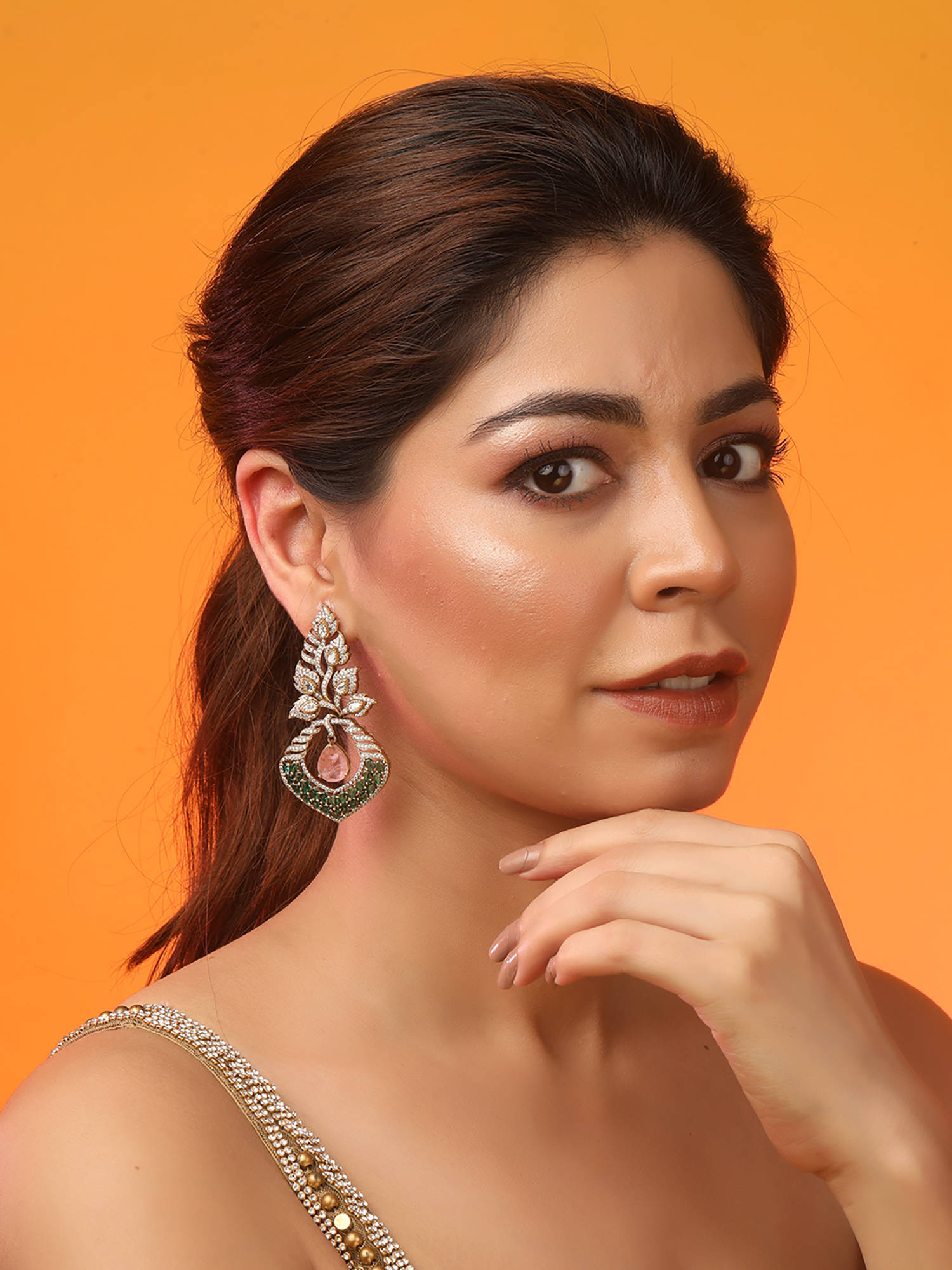 Auraa Trends Luxury Gold-Plated Chandelier Earrings With Green Stones