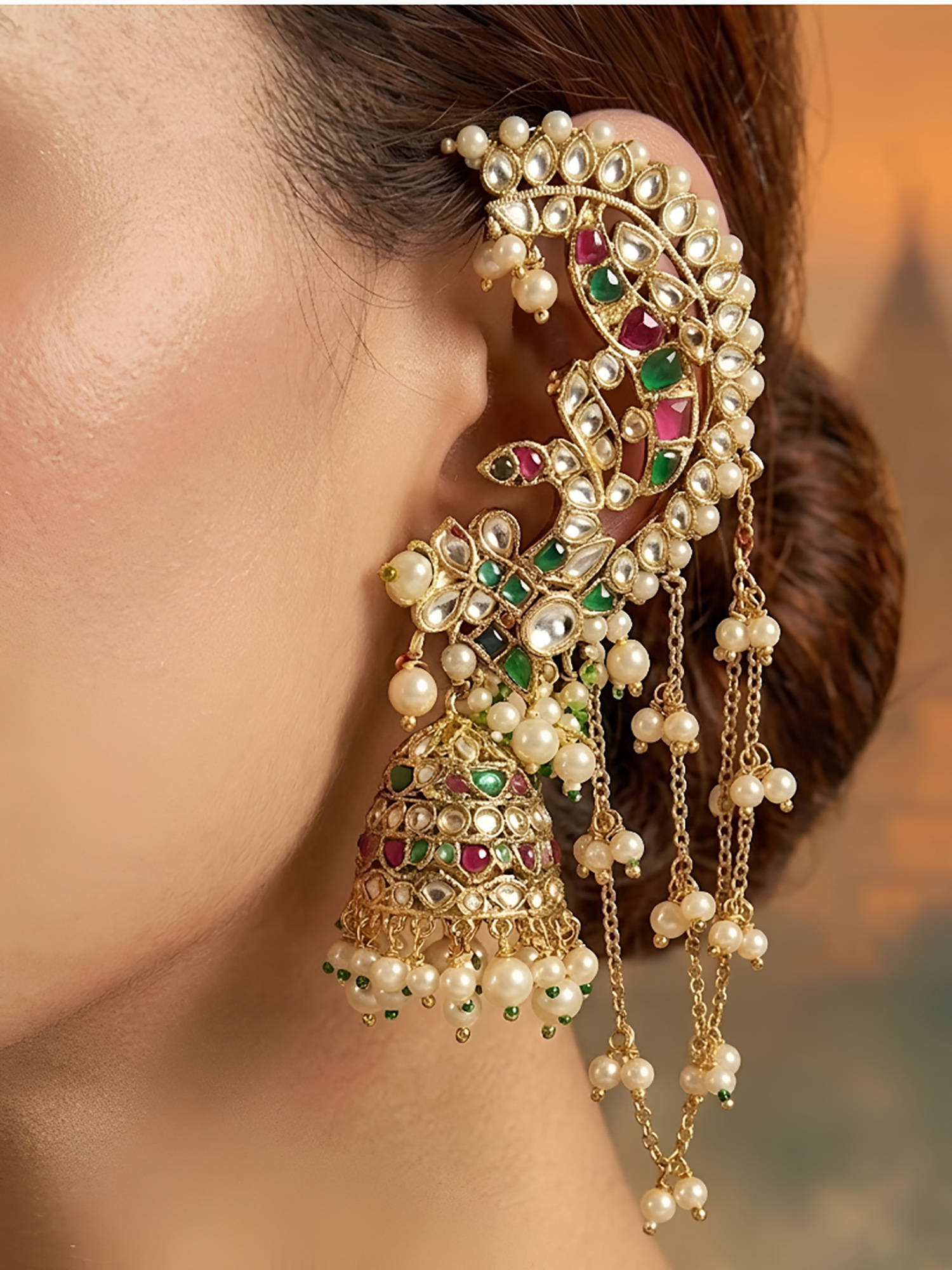 Auraa Trends Multi-Colour Designer Ear Cuff Jhumka Earrings With Pearl Chains