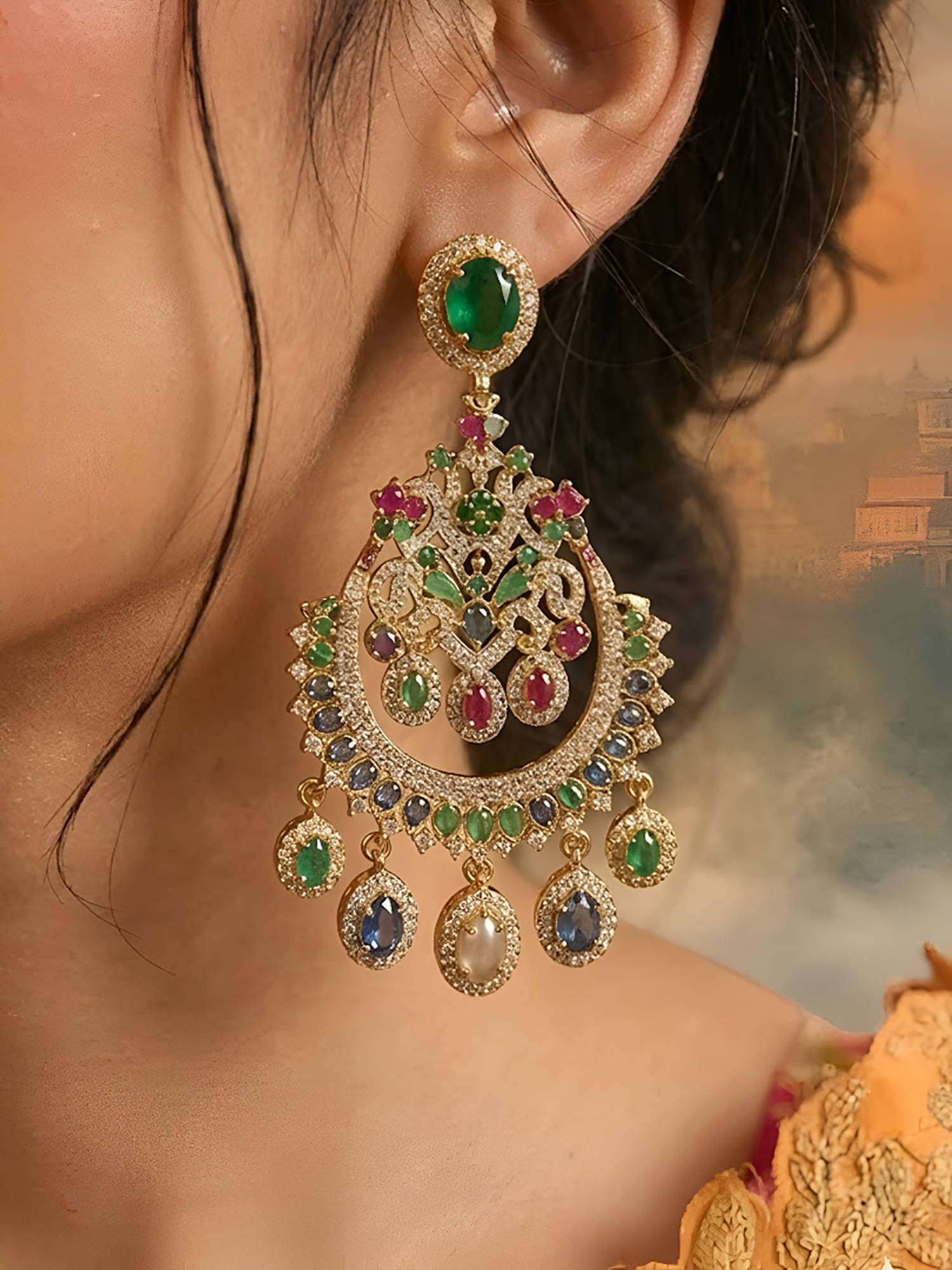 Auraa Trends Multi-Colour Luxury Multicolour Cz Chandelier Earrings For Women