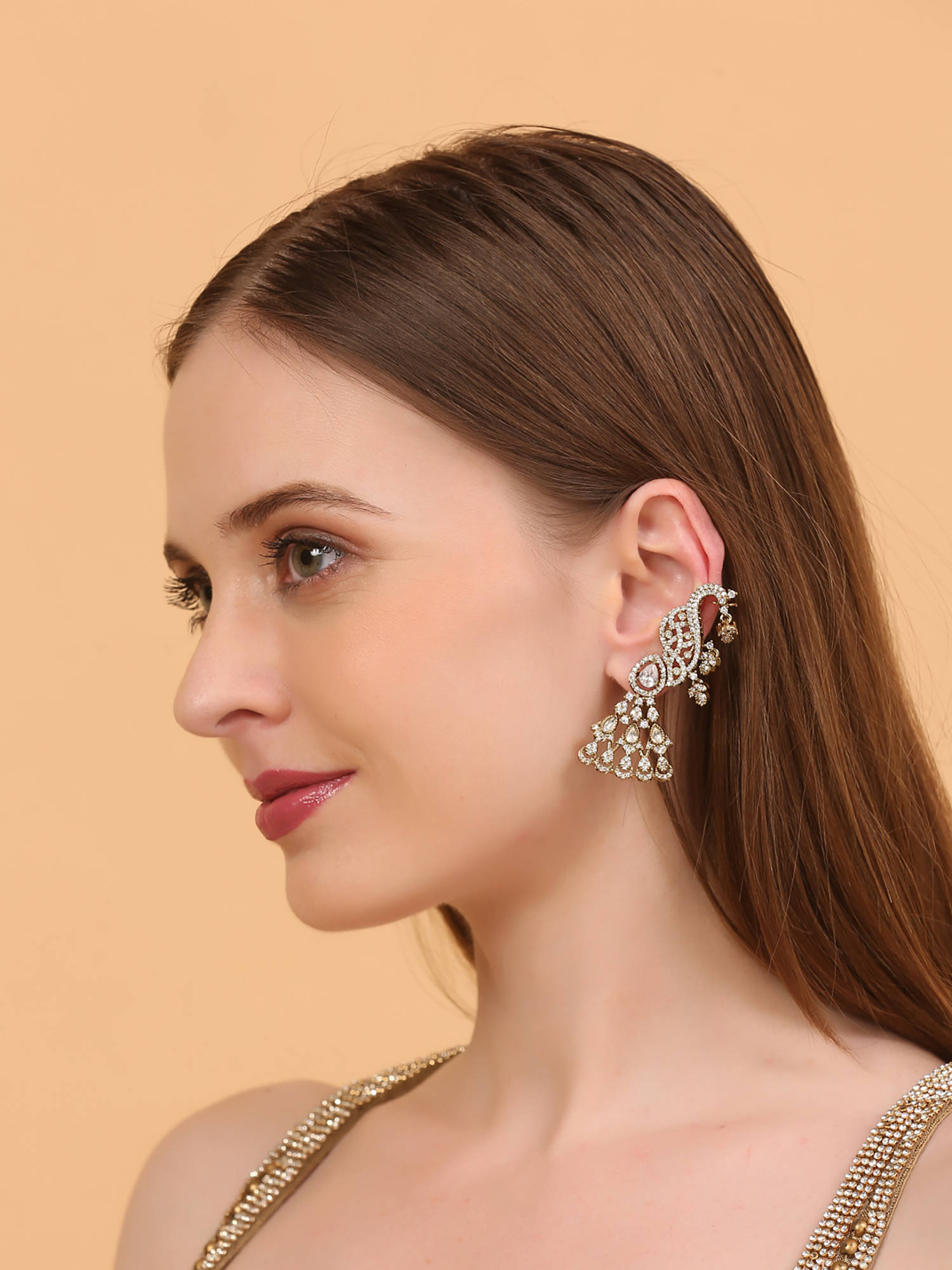 Auraa Trends Luxury White Gold-Plated Peacock Design Stone Ear cuff For Women Bridal & Party Wear