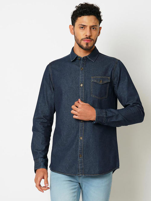 Bombay High Mens Dark Indigo Solid Denim Shirt