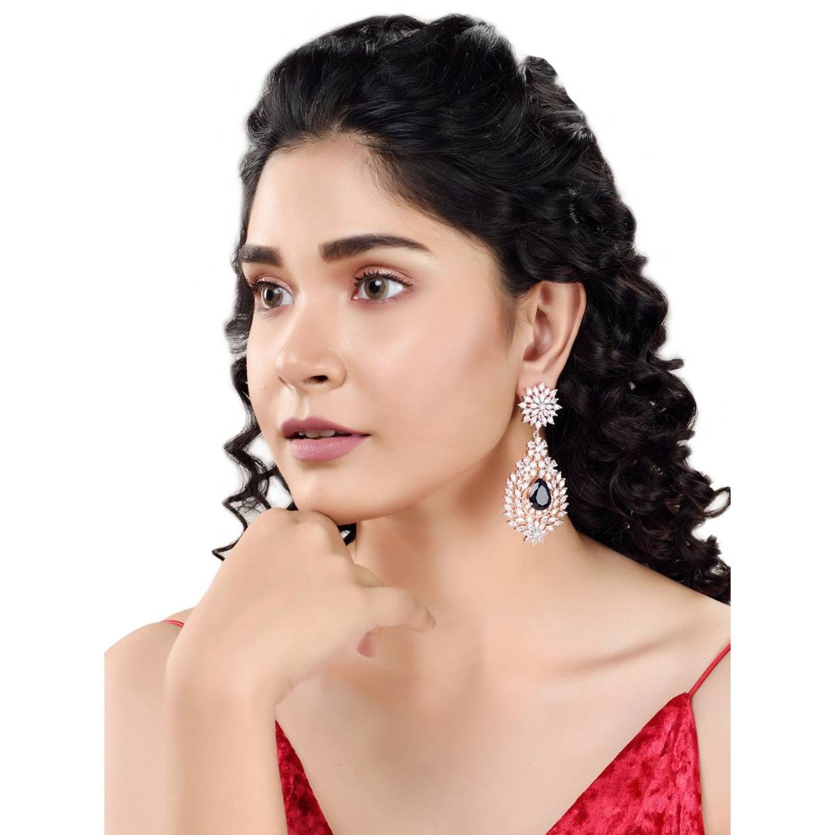 Saraf RS Jewellery Rose Gold Plated Blue And White Stone Ad Studded Party Wear Floral Drop Earrings