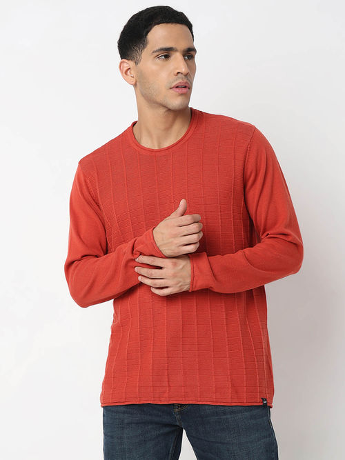 Buy Spykar Men Round Neck Full Sleeves Orange Sweater Online