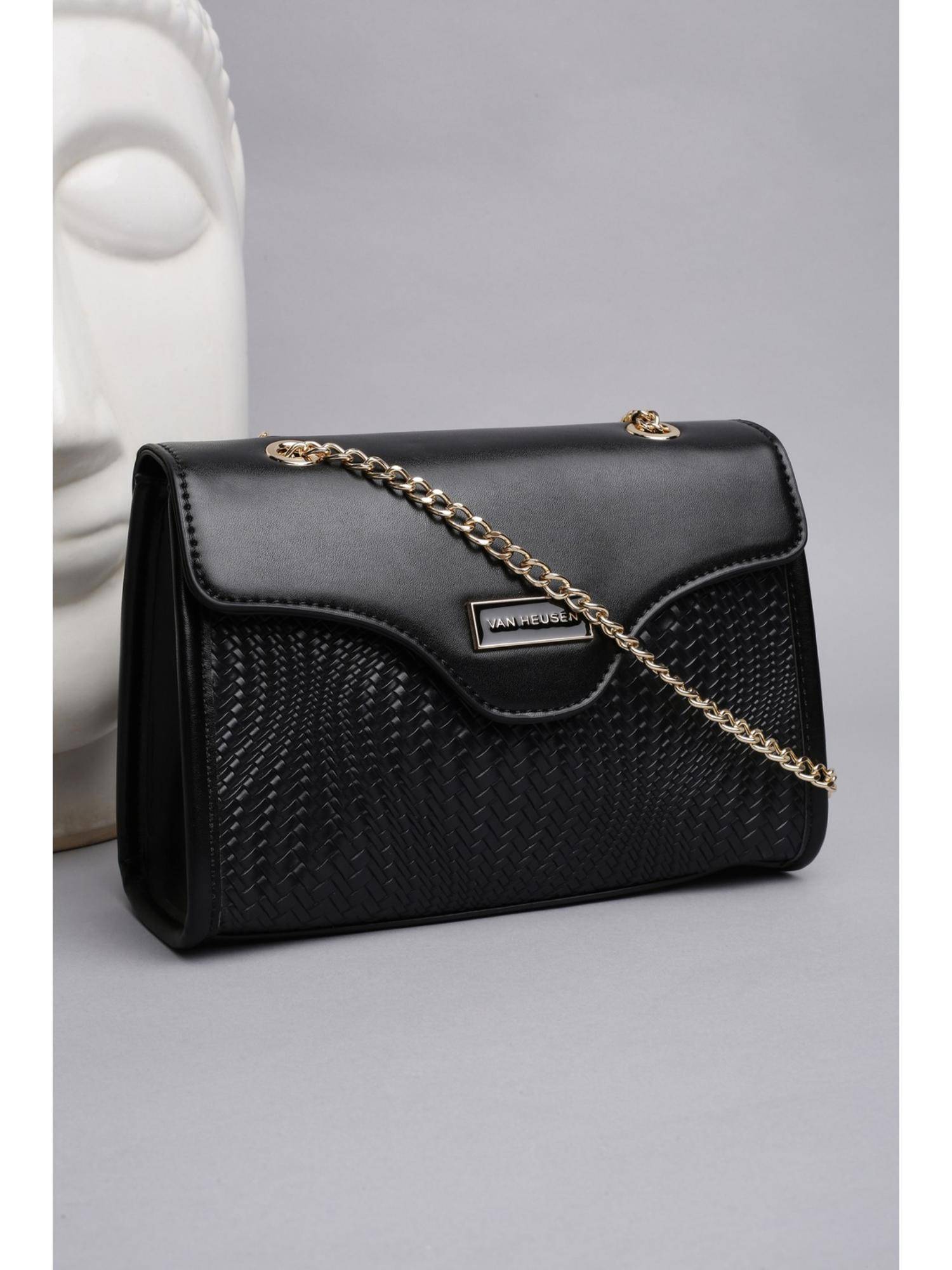 Van Heusen Women Black Textured Casual Sling Bag With Detachable Strap