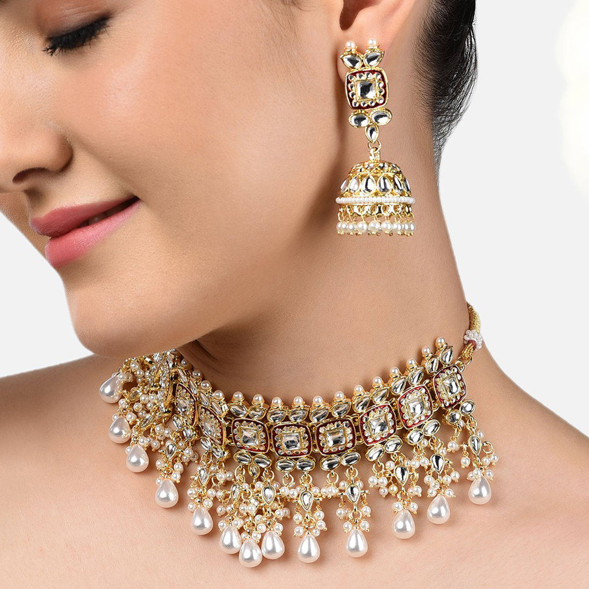 Zaveri Pearls Red Meenakari Traditional Kundan Choker Necklace & Jhumki Earring Set-ZPFK11235
