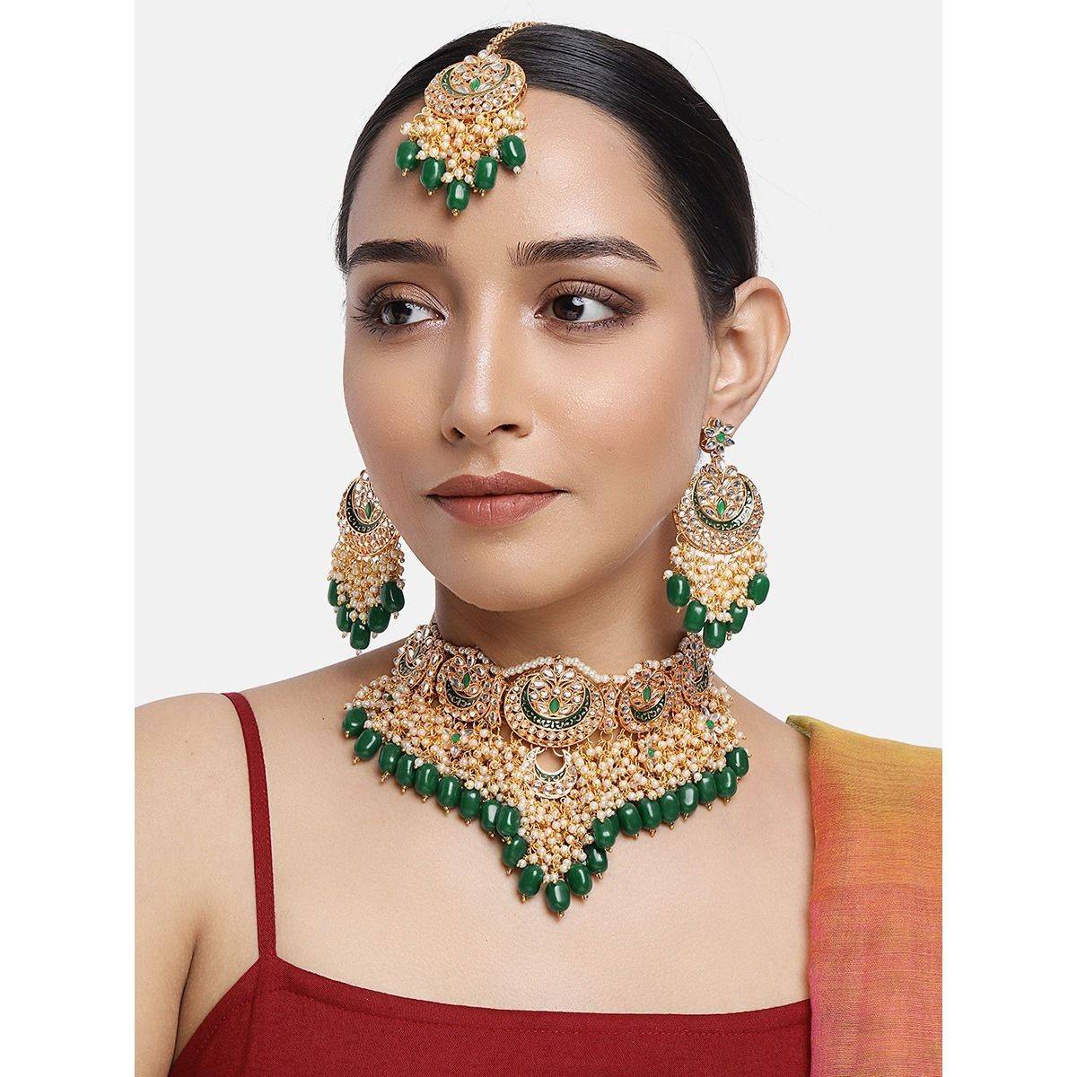 Zaveri Pearls Green Meenakari Bridal Choker Necklace Earring & Maangtikka Set-ZPFK10497