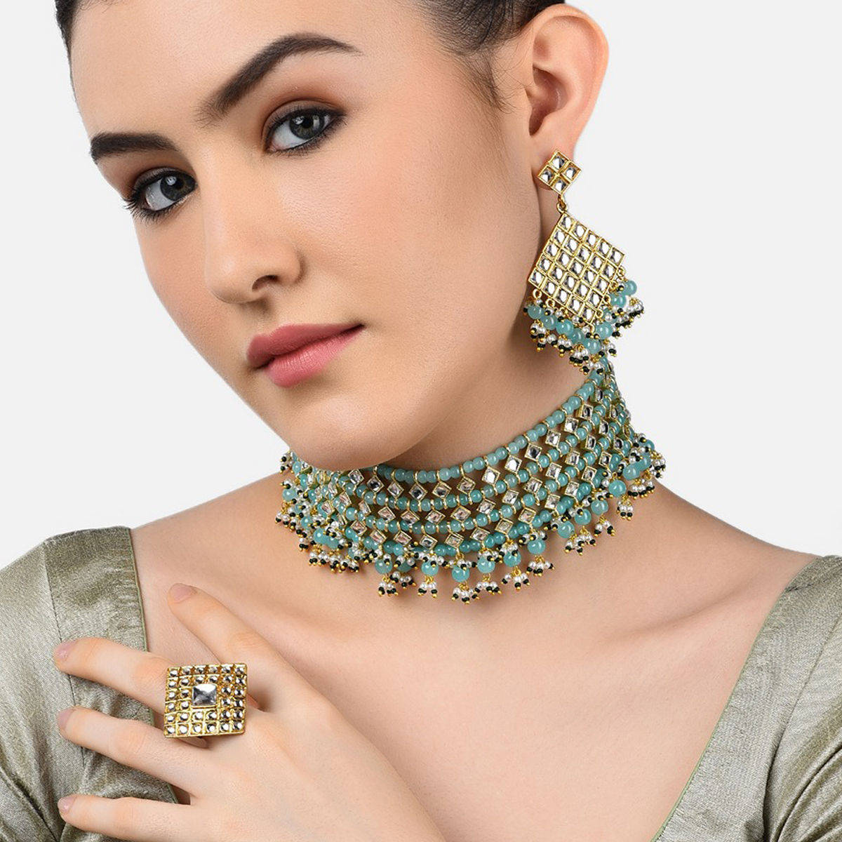 Zaveri Pearls Blue Beads Traditional Kundan Choker Necklace Earring & Ring Set-ZPFK11064