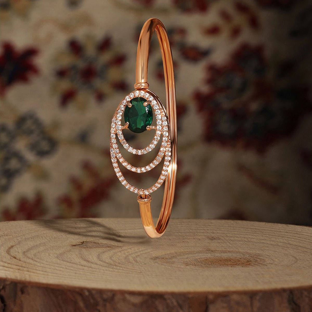 Zaveri Pearls Green Rose Gold Tone Dazzling Cubic Zirconia Brass Kada Style Bracelet