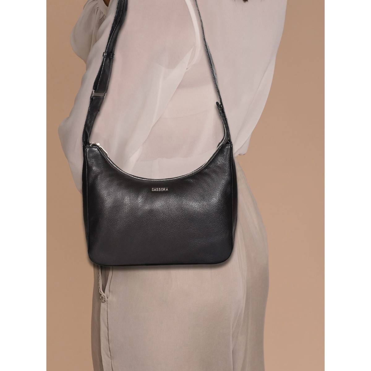 Sassora Genuine Premium Leather Black Women Sling Bag (M)