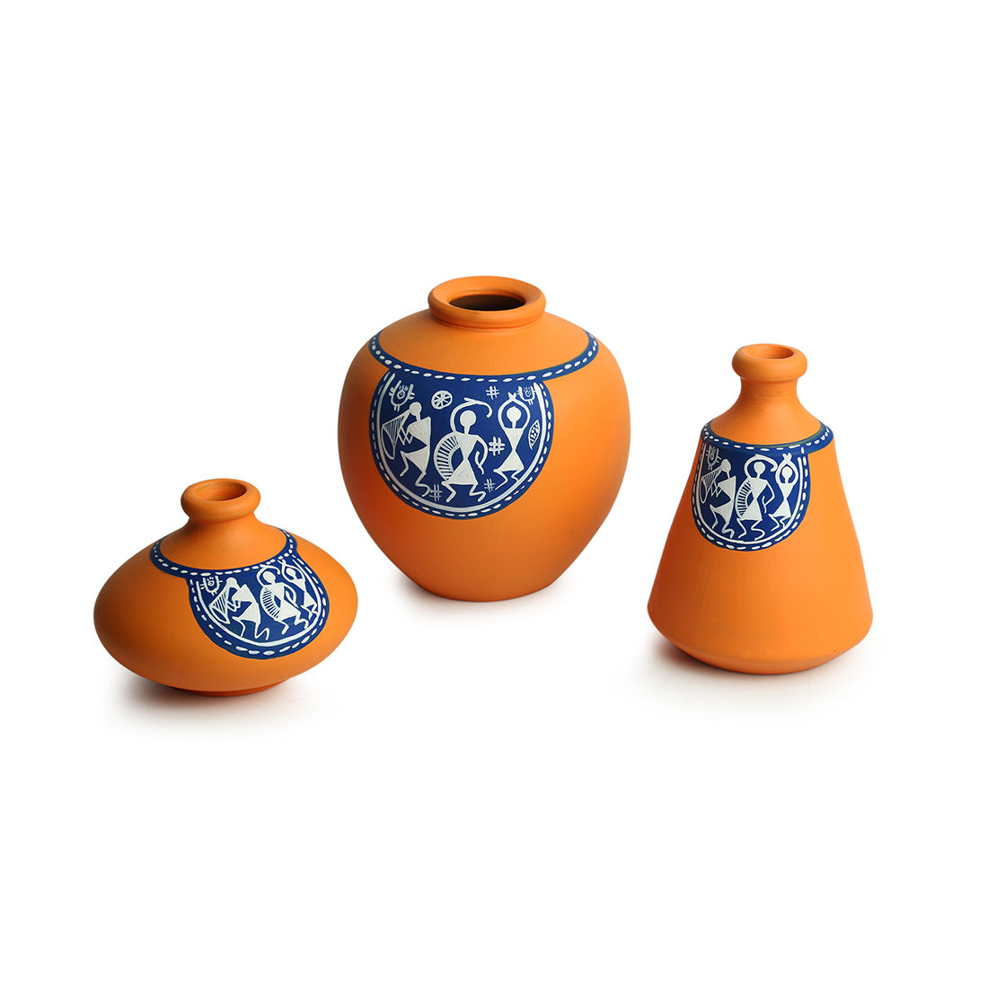 ExclusiveLane The Warli Tales' Handpainted Terracotta Vases (Set of 3