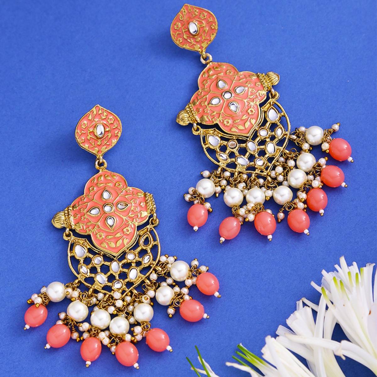 Yellow Chimes Ethnic Gold-Toned Peach Meenakari Handcrafted Long Dangler Earrings