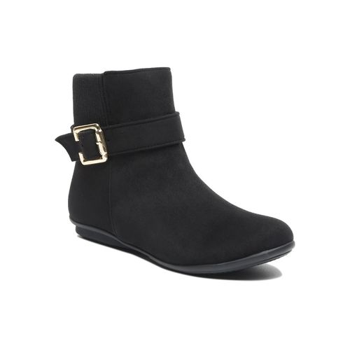 Bruno Manetti Womens Suede Black Side Zipper with Golden Buckle Ankle  Length Boots (EURO 36)