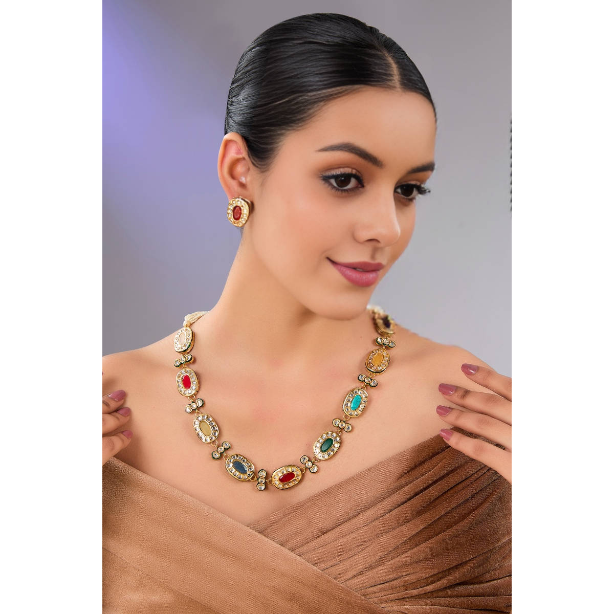 Auraa Trends Gold Finish Multi-Colored Gemstone Necklace & Earrings Set