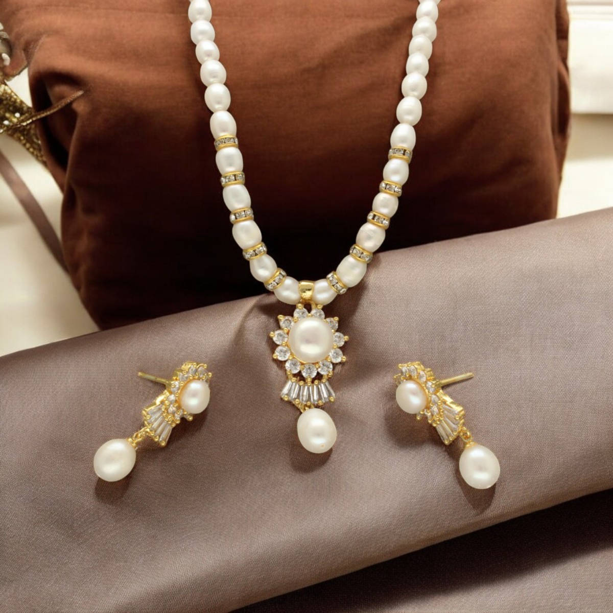 Sri Jagdamba Pearls White Klara Pearl Necklace with Earrings