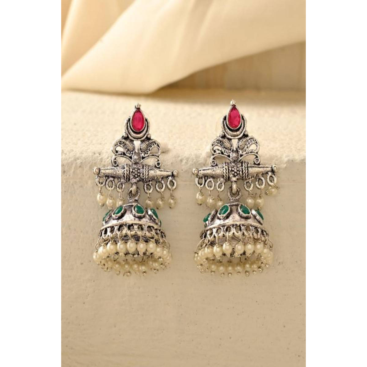 DASTOOR Womens Multi-Color Silver Plated Designer Jhumkis