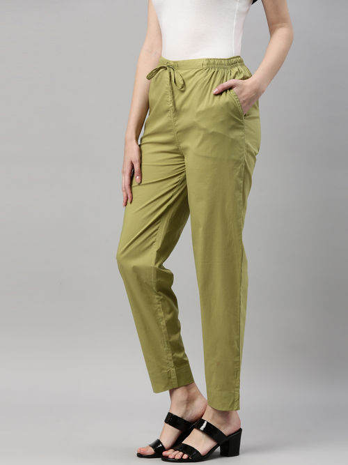 Buy GO COLORS Women Green Solid 100% Cotton Pants Online at Best