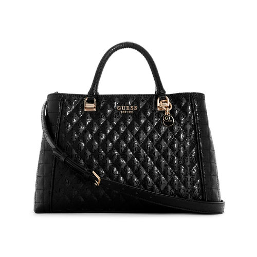 Guess Women Black Pu Quilted Satchel Bag with Detachable Strap