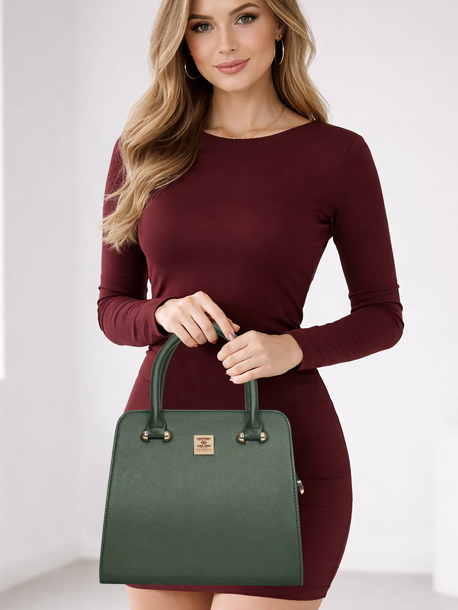 ESBEDA Green Structured Satchel Handbag with Detachable Strap (M)