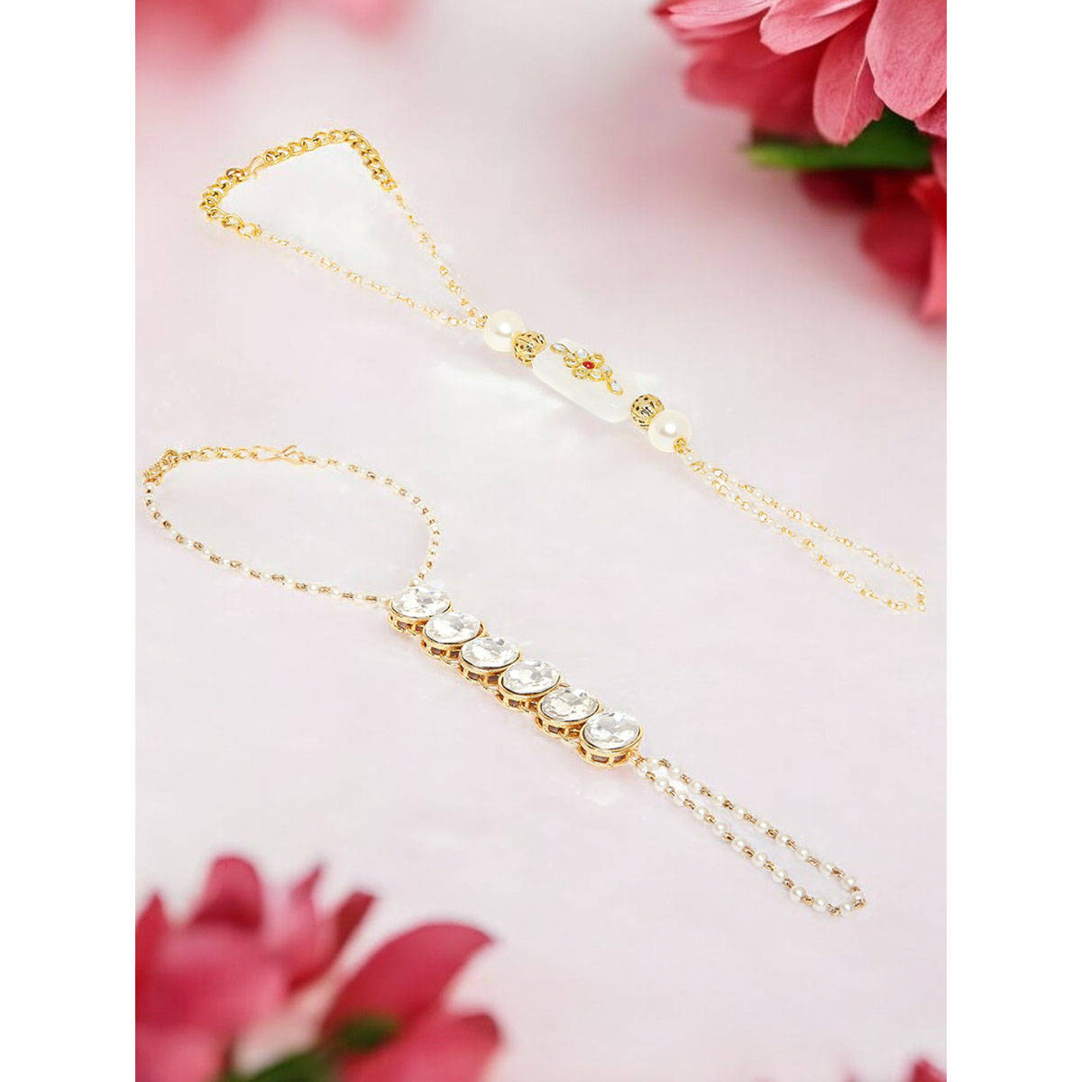 OOMPH Combo Of 2 Gold Tone Kundan and Pearls Floral Ethnic Hand Harness