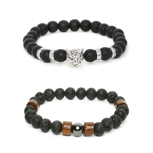 OOMPH Combo Of Black Beads Bracelet for Men Biker Look
