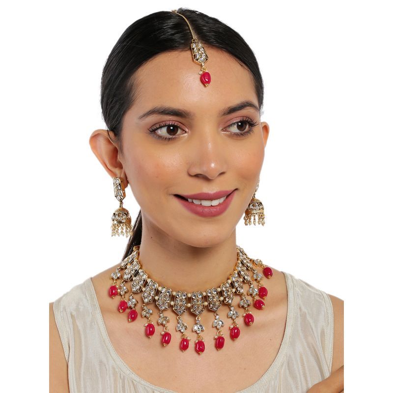 Buy Zaveri Pearls Antique Gold Tone Kundan And Red Beads Necklace