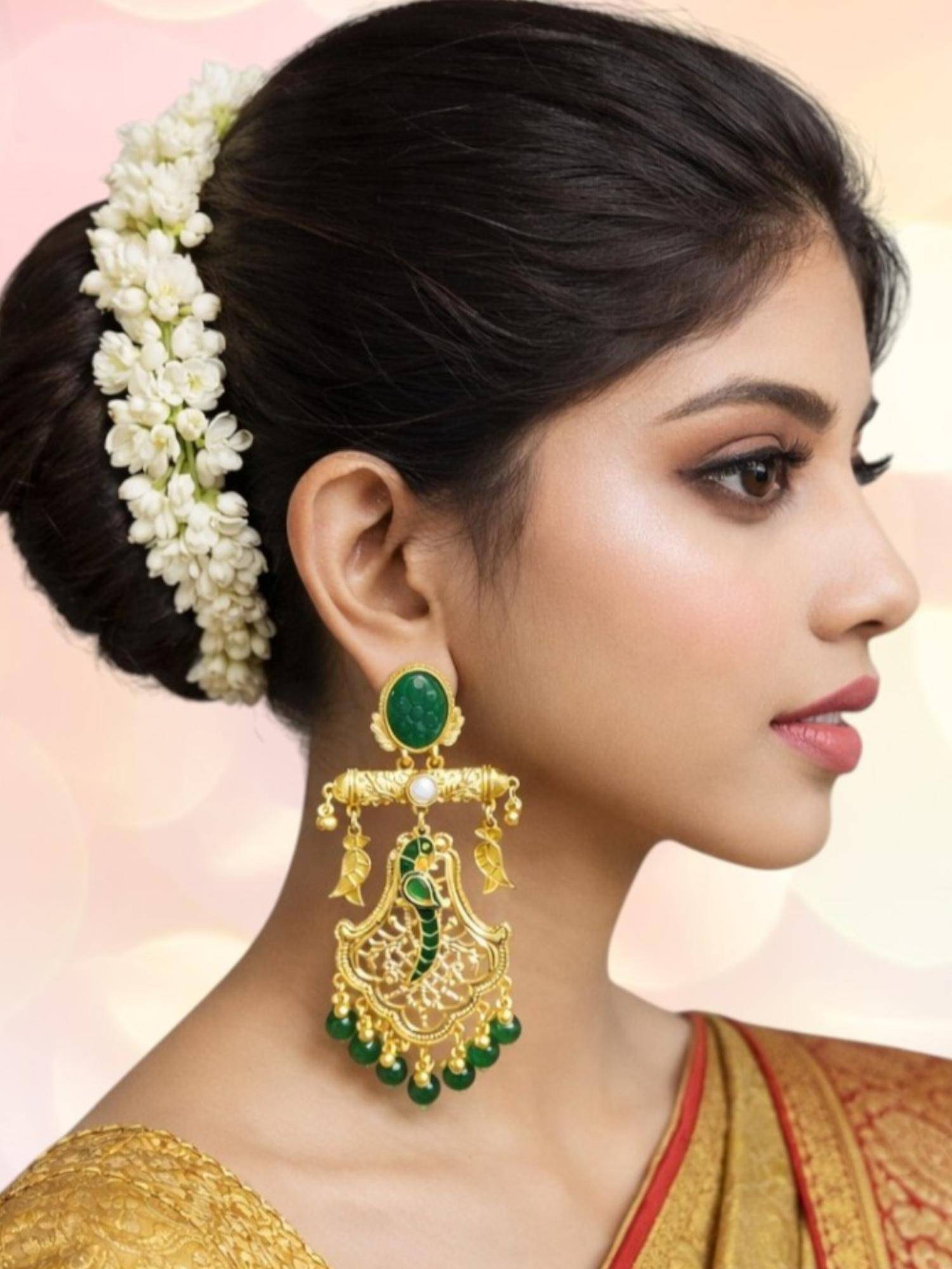 OOMPH Green Kashmiri Drop Earrings - Peacock Design