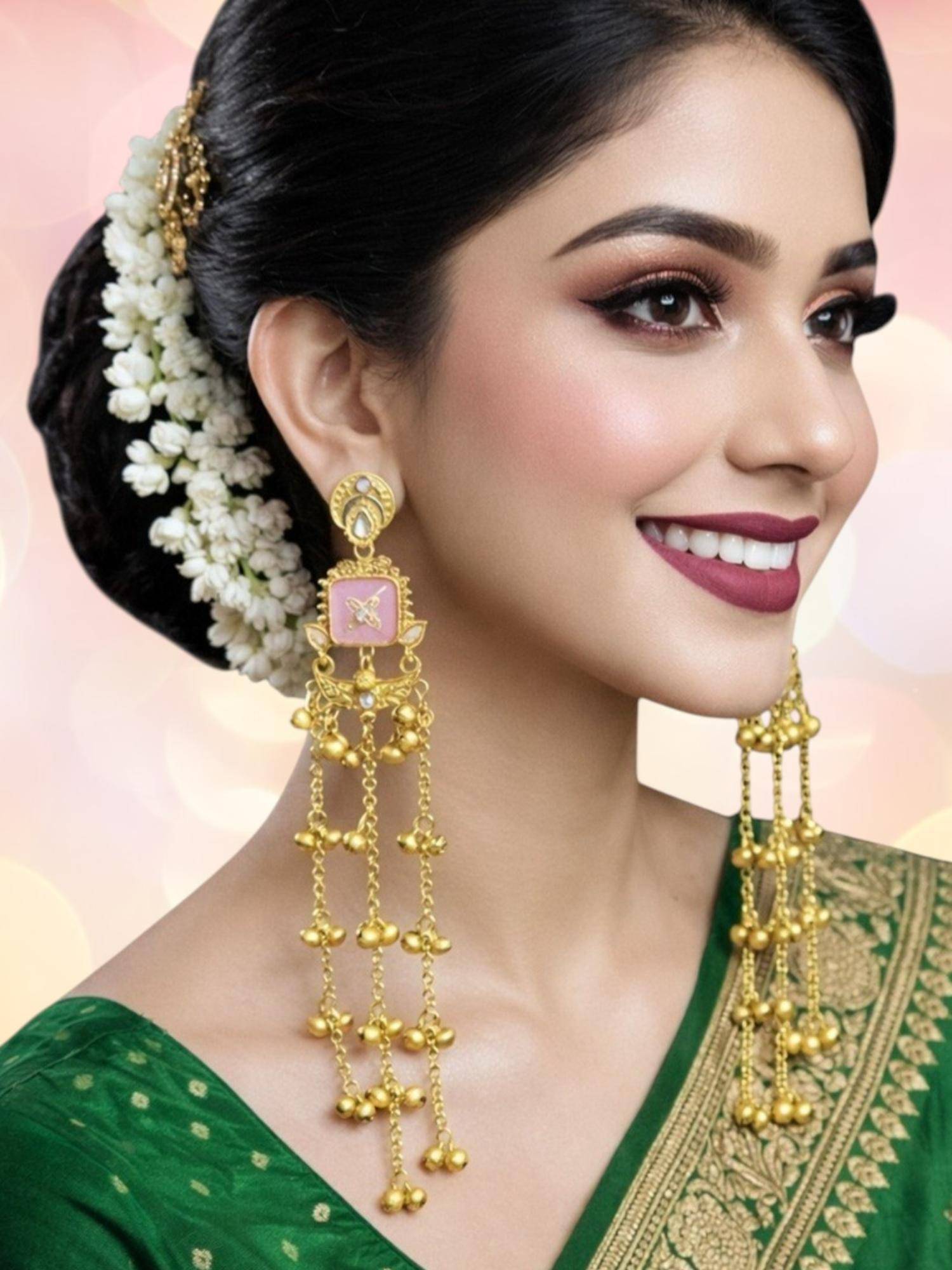 OOMPH Women Pink Long Kashmiri Drop Earrings