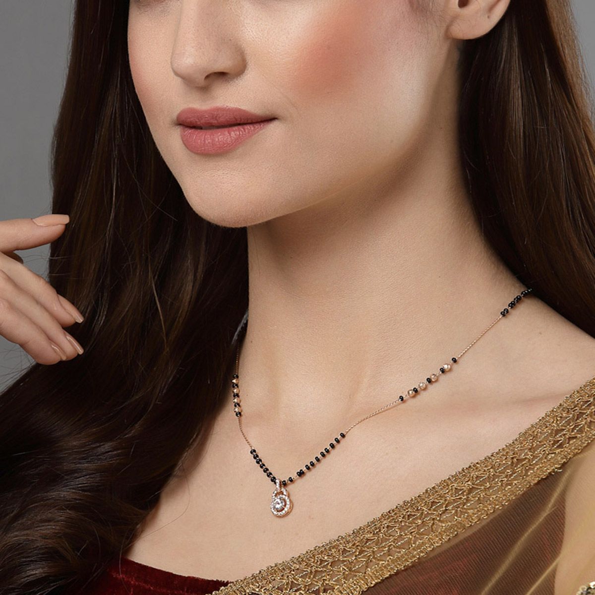 PANASH Gold Plated AD Stone Solitaire Lock and Black Beads Mangalsutra