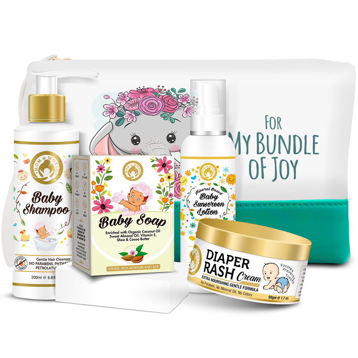 Mom & World Baby Shampoo + Baby Sunscreen Lotion + Baby Soap + Diaper Rash Cream With Pouch