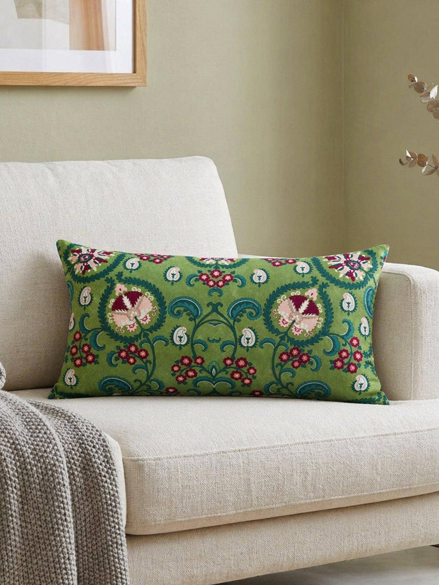 Zeba World Floral Green Cushion Cover (12 x 22 Inches)