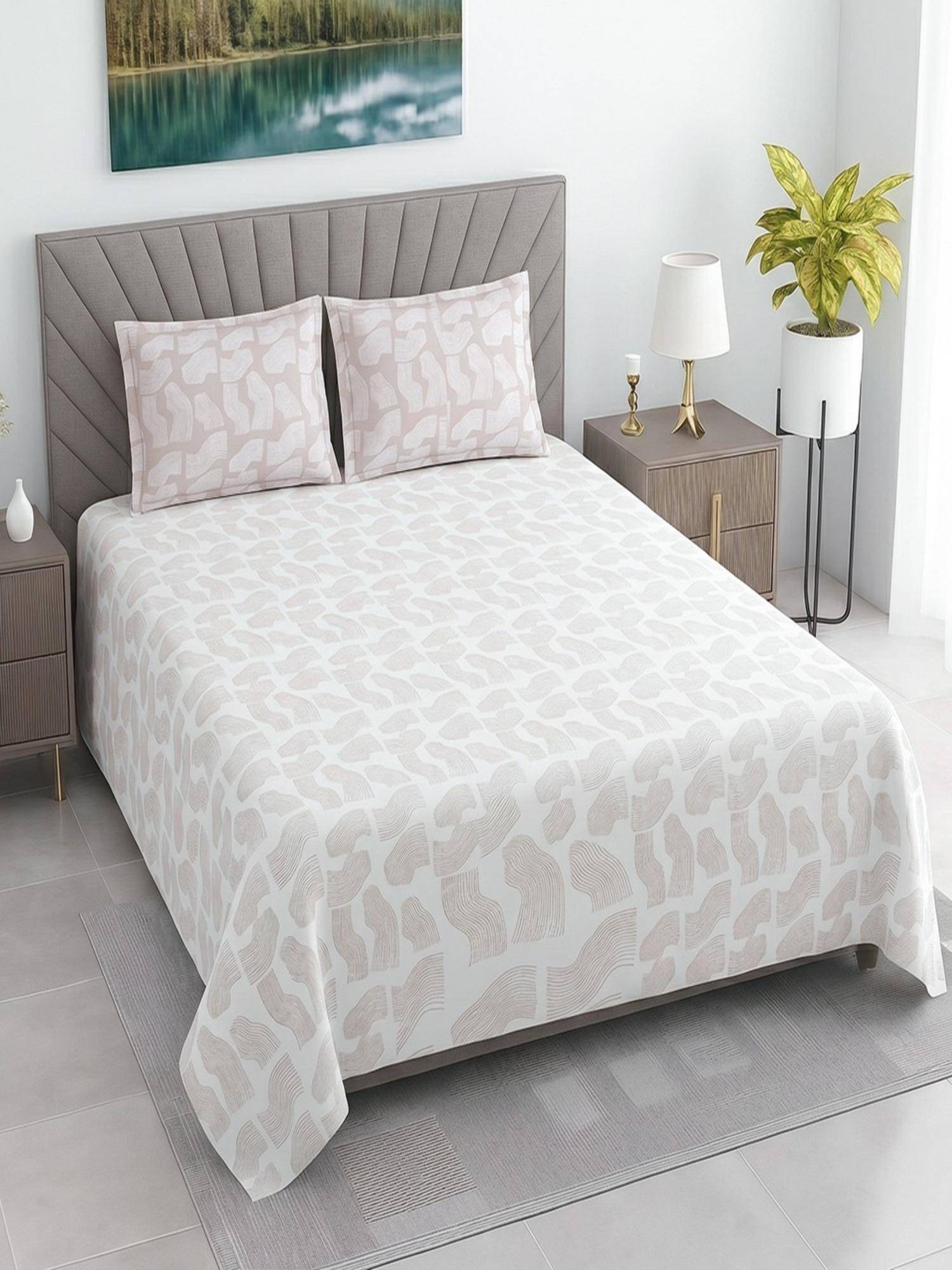 Threadwear White Abstract 400TC Super King Bedsheet With 2 Pillow Covers