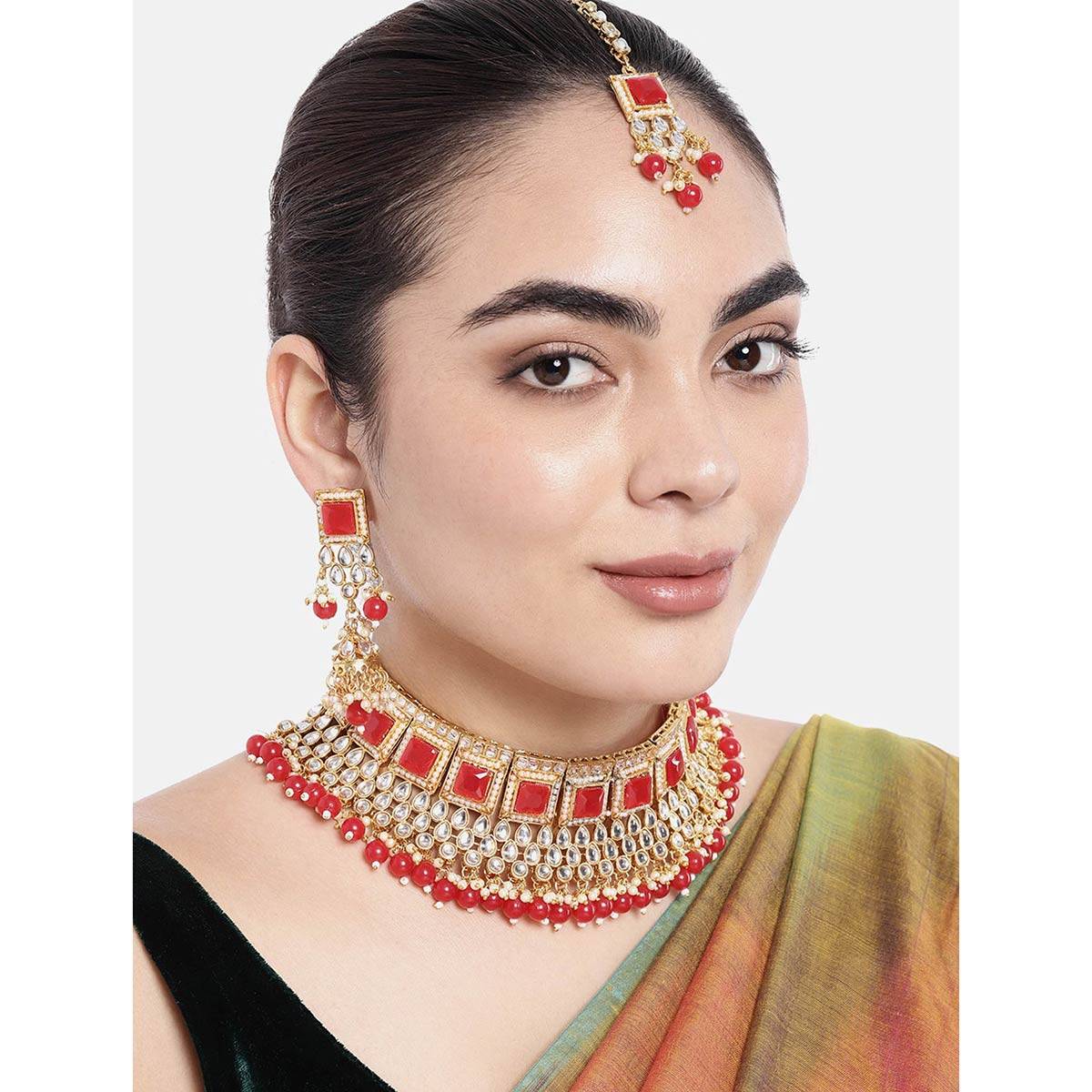 Peora Indian Ethnic Matte Gold Finish Goddess Laxmi Dangling Temple Earring Set