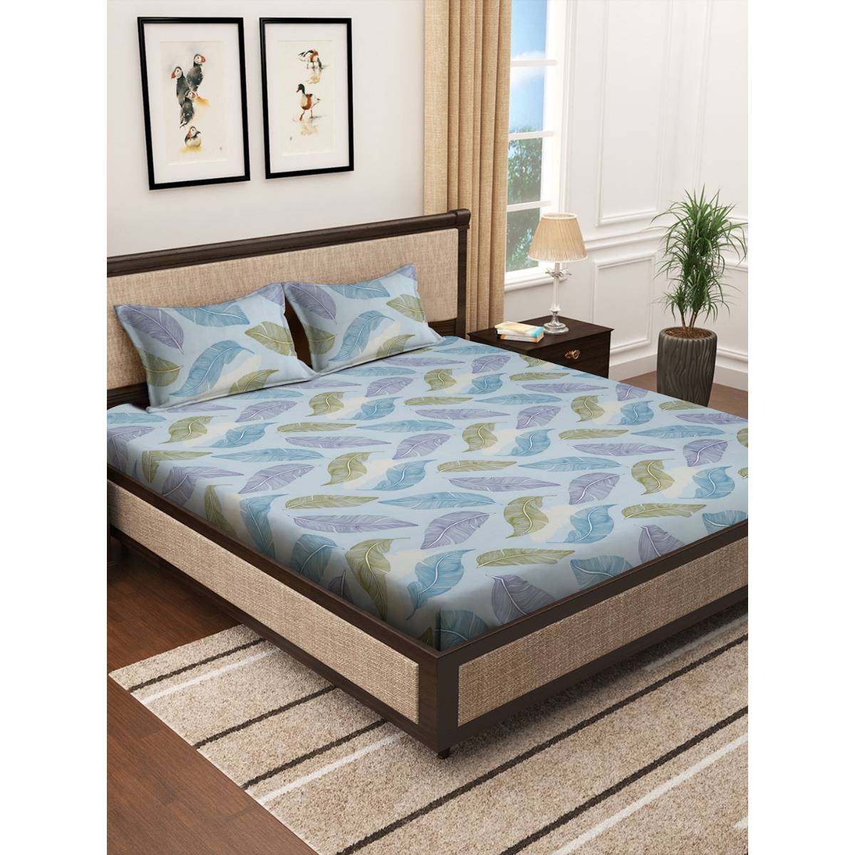HOSTA HOMES Polycotton Blue Bed Sheet with Pillow Covers (King)
