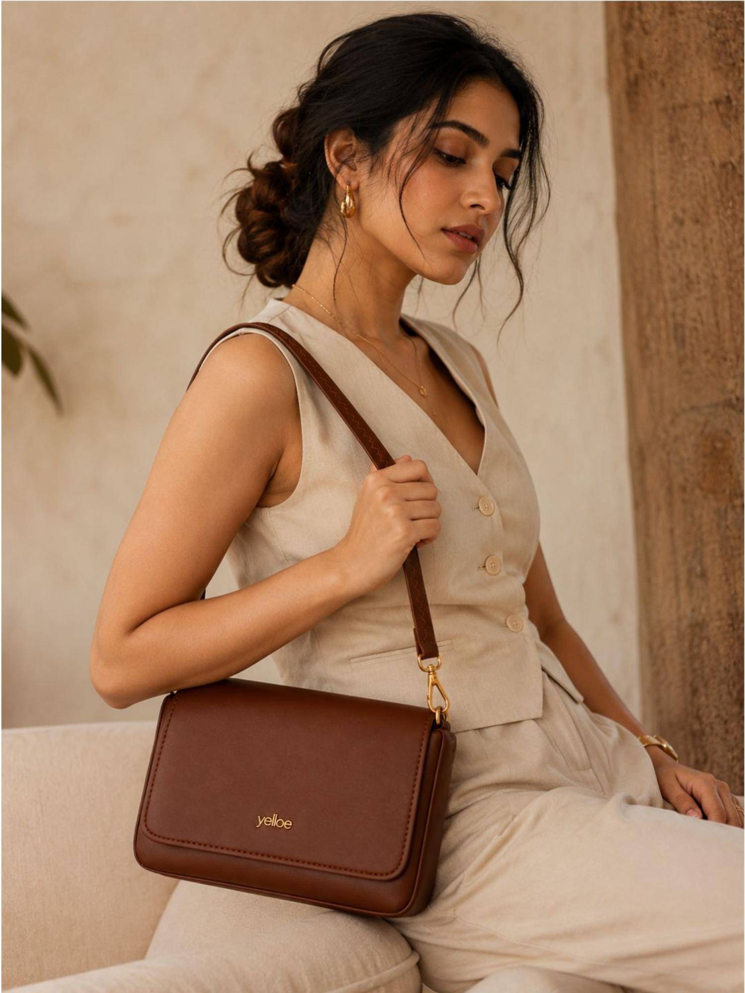 Yelloe Tan Women's Sling Bag With Detachable Strap