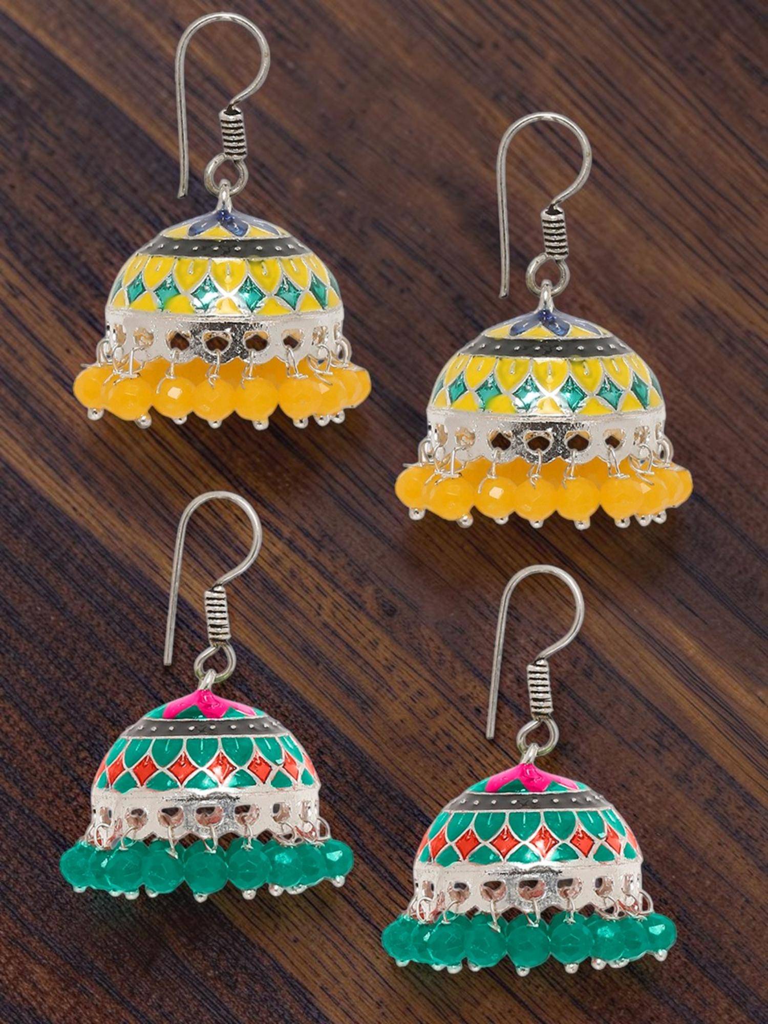 OOMPH Meenakari Jhumki Earrings - Yellow And Green - Menhdi Haldi Collection (Pack of 2)