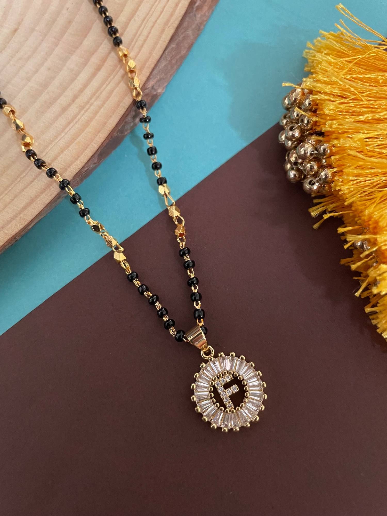 Digital Dress Room F Letter Alphabet American Diamond Round Pendant Short Name Mangalsutra Design