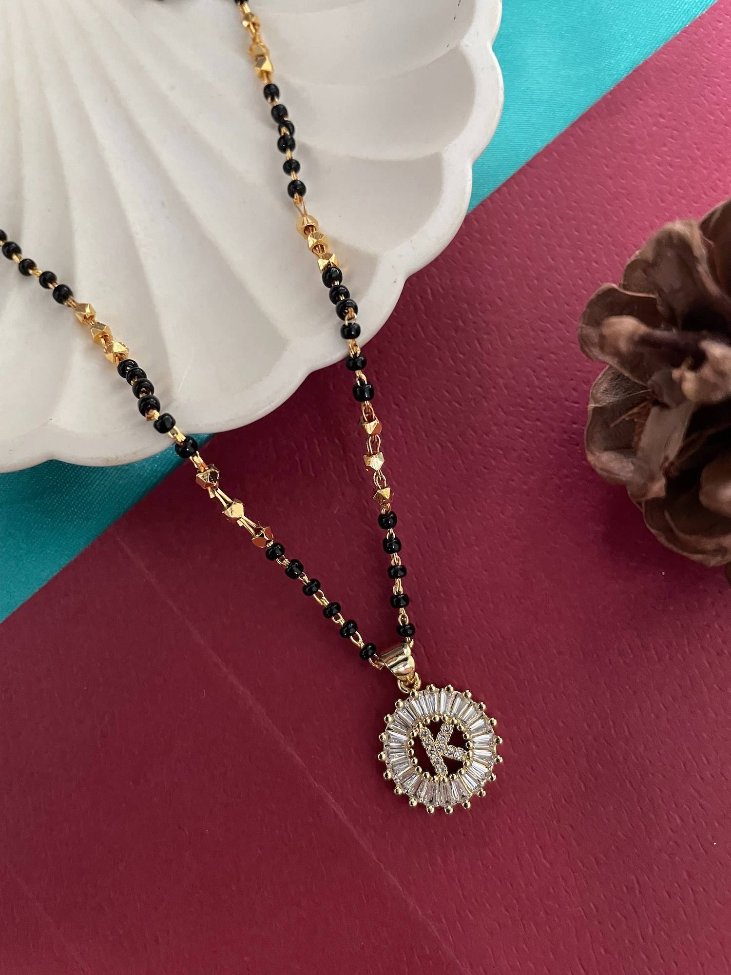 Digital Dress Room K Letter Alphabet American Diamond Round Pendant Short Name Mangalsutra Design