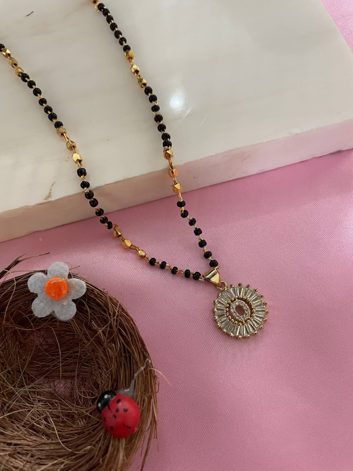 Digital Dress Room O Letter Alphabet American Diamond Round Pendant Short Name Mangalsutra Design