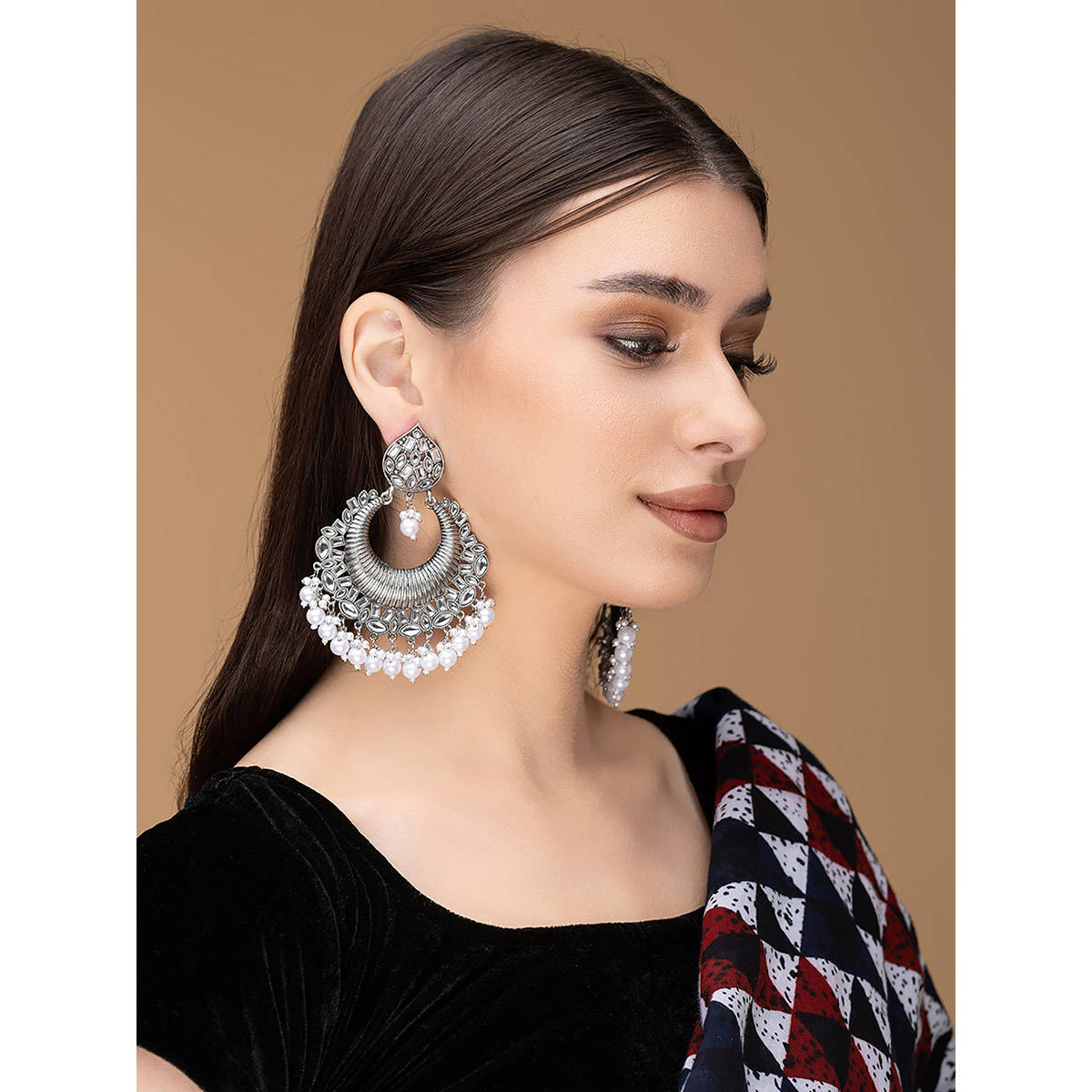 PANASH White Pearl Stone Chandbali Earrings