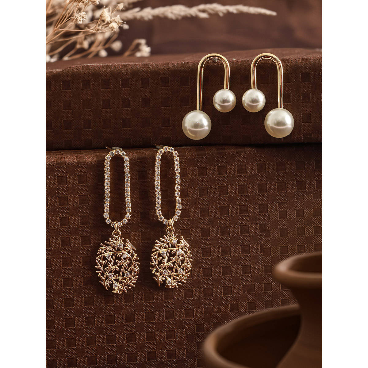 Aatmana Gold Plated Elegant Stone Pearl Drop Earrings (Pack of 2)