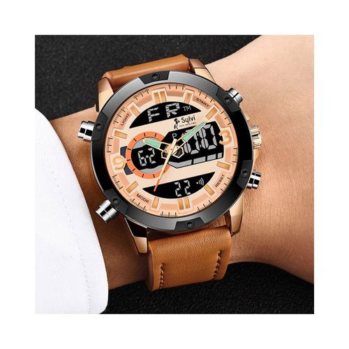 Buy Sylvi Leather Strap Digital Analogue Watch For Men Beige