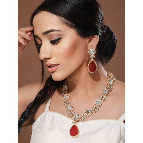 Saraf RS Jewellery Victorian Ruby Dual Tone Uncut Polki Kundan Jewellery Set