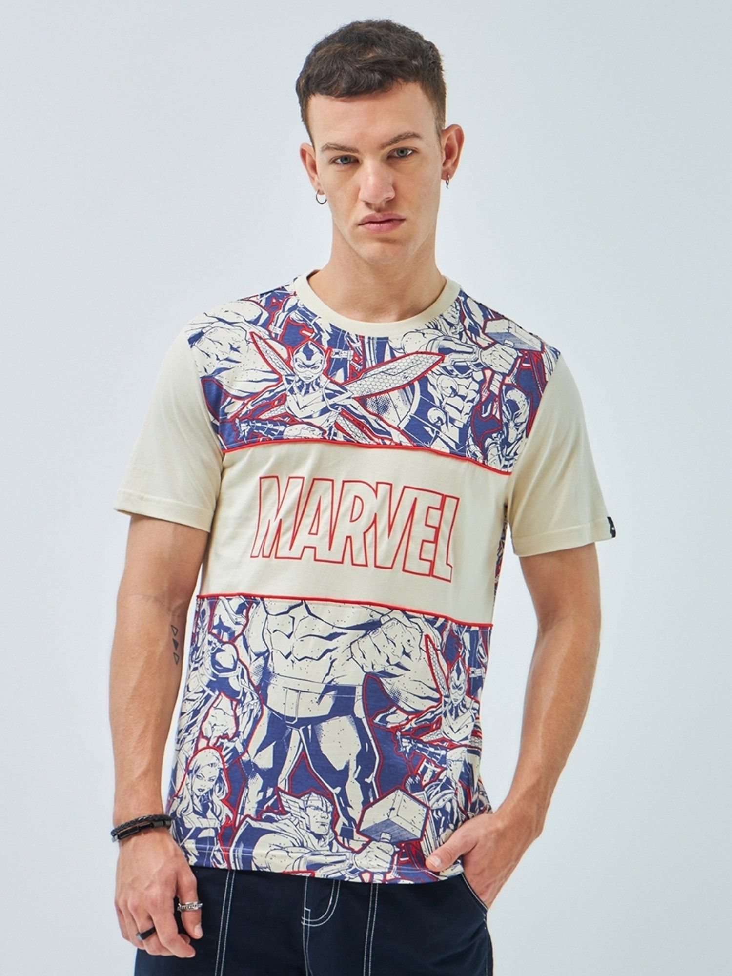 Bewakoof Official Marvel Merchandise Men s Off White All Over Printed T shirt