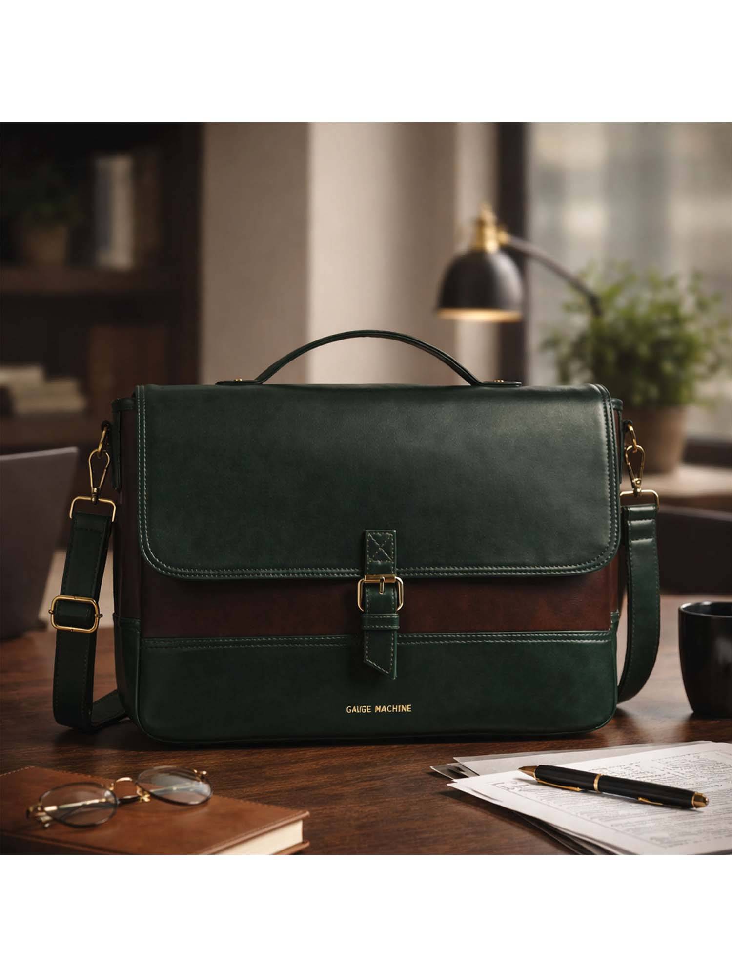 Gauge Machine Mens Olive 16 Inch Vegan Leather Laptop Bag With Detachable Strap - Multi-Color