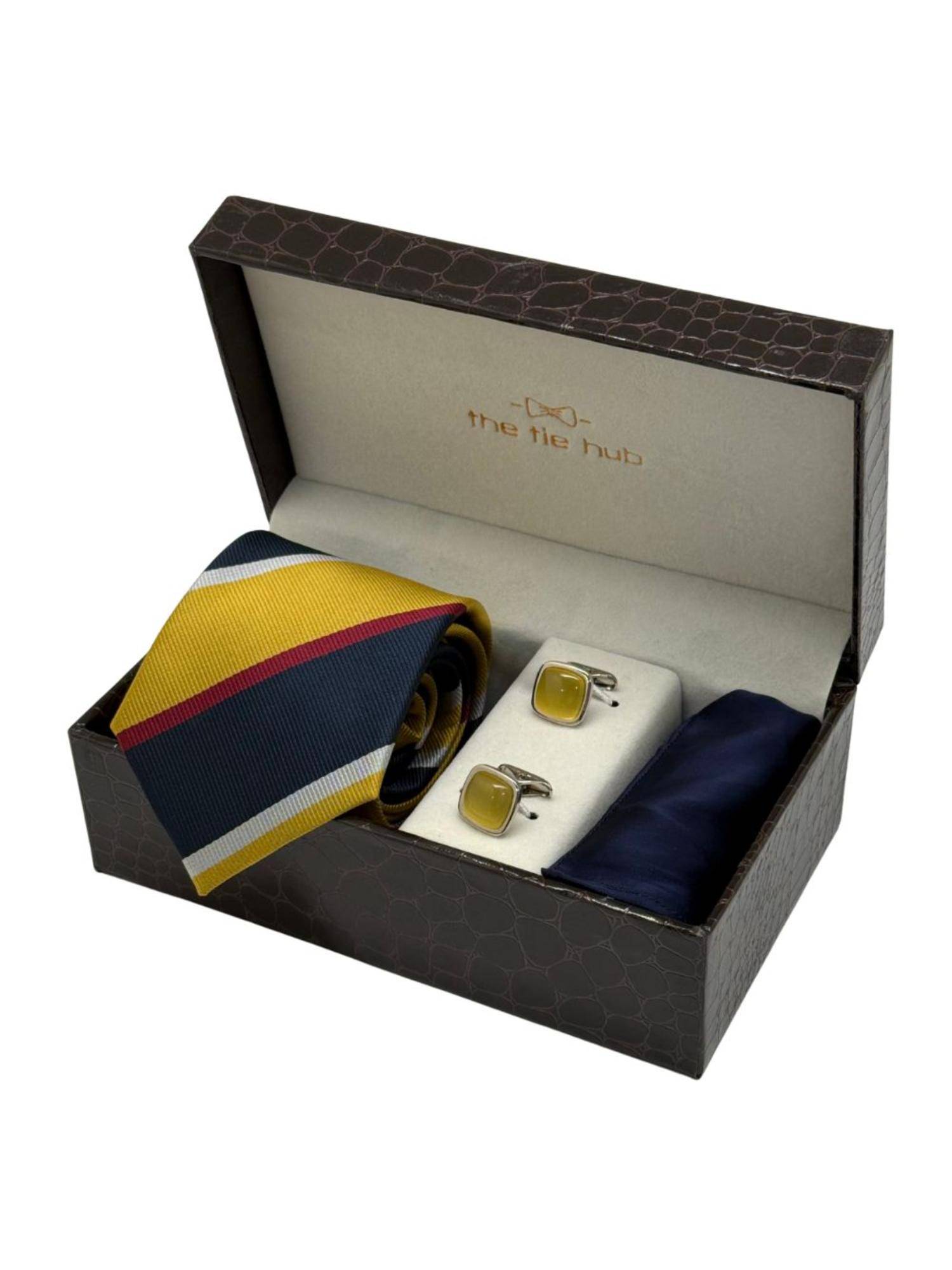 The Tie Hub Men Yellow Microfibre Stripes Necktie & Pocket Square with Pair Of Cufflink Gift Set