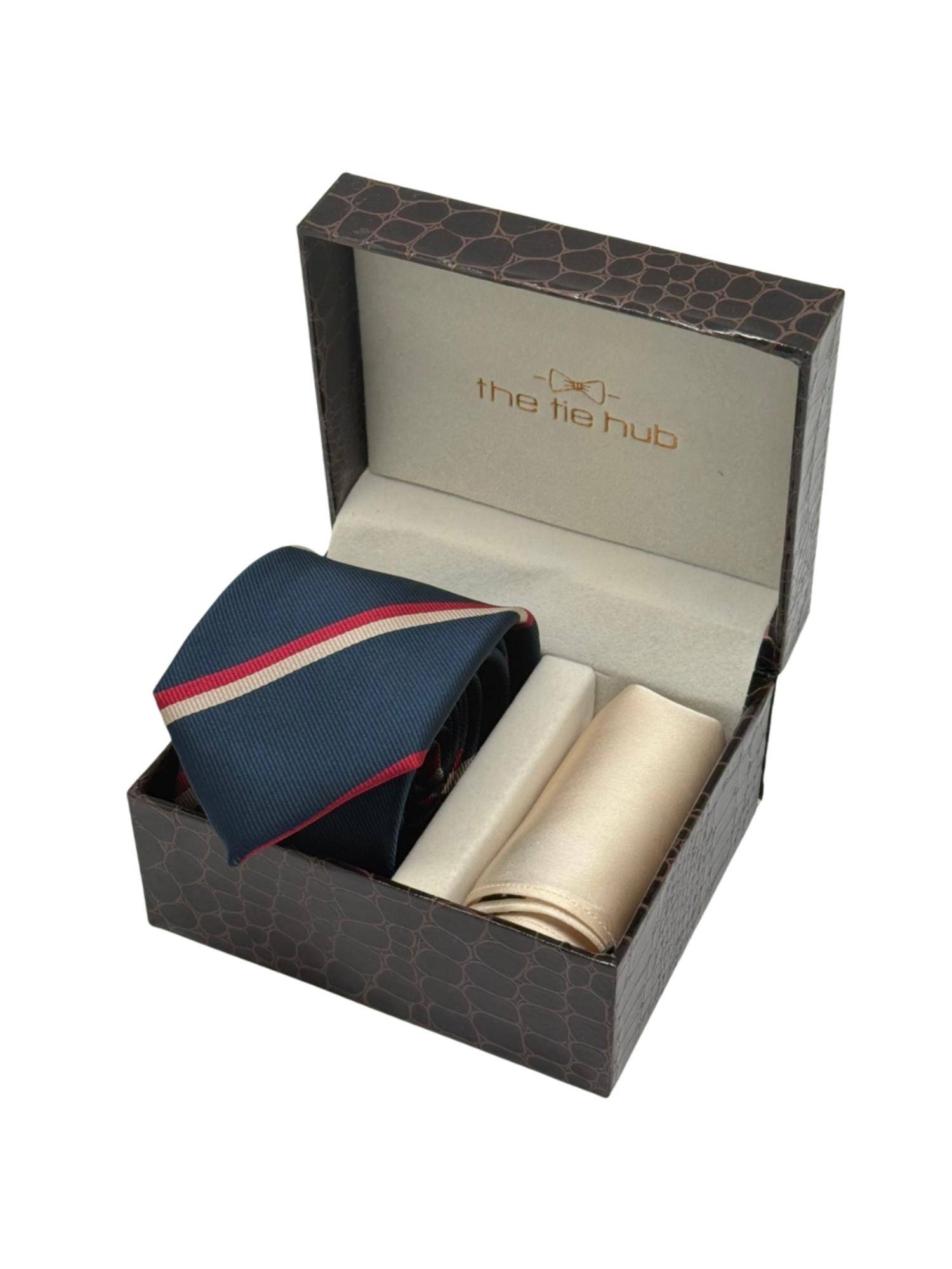 The Tie Hub Men Red Microfibre Stripes Necktie & Pocket Square Gift Set