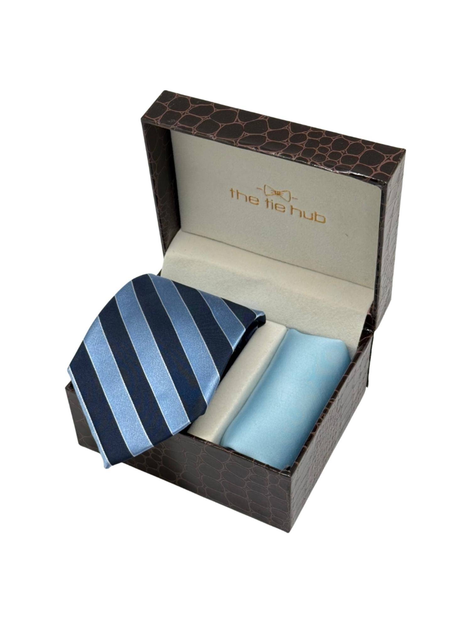 The Tie Hub Men Blue Silk Stripes Necktie & Pocket Square Gift Set