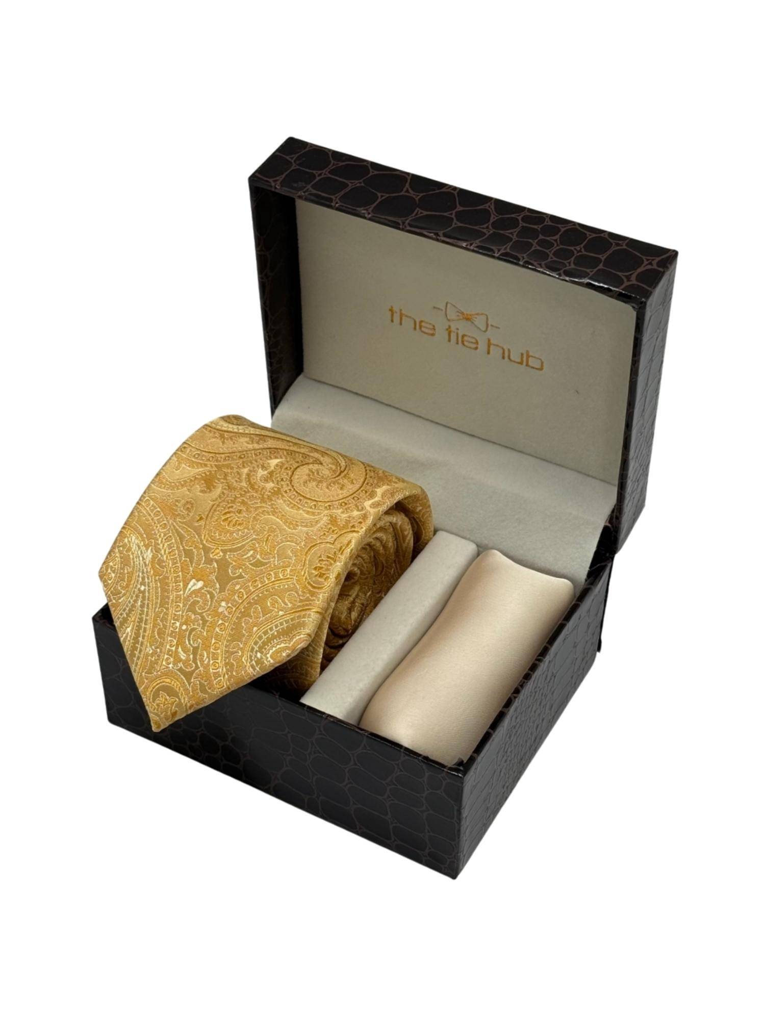 The Tie Hub Men Yellow Silk Paisley Necktie & Pocket Square Gift Set